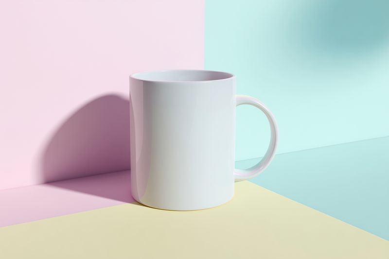 Minimal white ceramic mug placed on a pastel color backdrop, soft shadows creating a clean modern composition ideal for product mockups, lifestyle and advertising visuals.