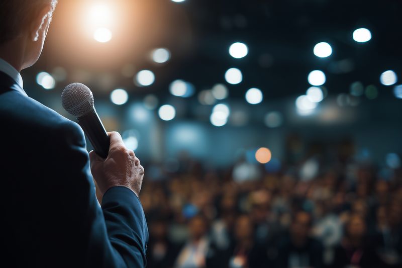 Business speaker holding a microphone facing a blurred audience in a conference hall, spotlight illuminating the stage while attendees listen to a presentation or speech.