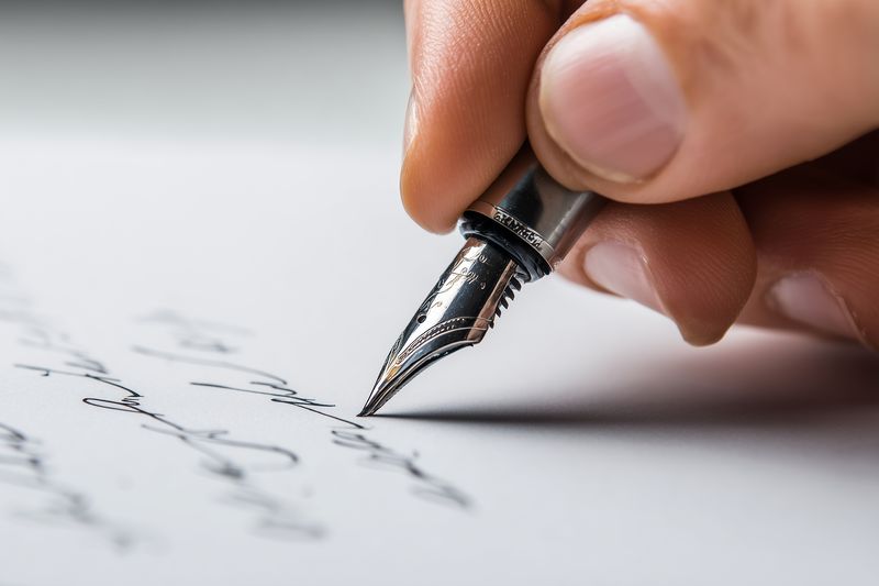 Close-up of a hand holding a fountain pen as it writes elegant cursive on white paper, showcasing flowing ink, fine nib detail and the tactile art of traditional handwriting and personal expression.
