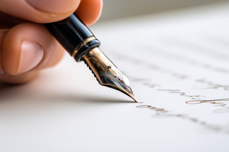 Close-up of a fountain pen nib writing elegant cursive on paper, capturing ink flow, fine metal detail and warm light to evoke traditional handwriting, craftsmanship and stationery.