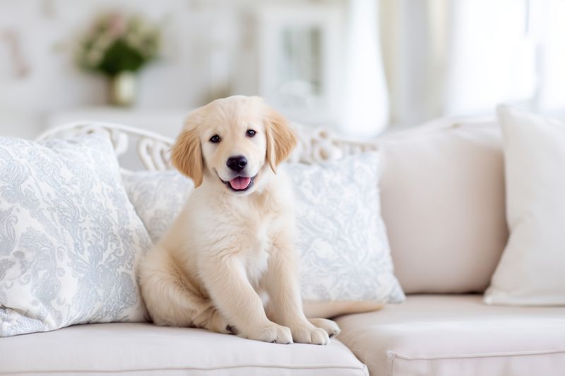 Adorable golden retriever puppy sitting on a light sofa in a bright cozy living room, looking at camera with playful expression, soft cushions and home decor in background.