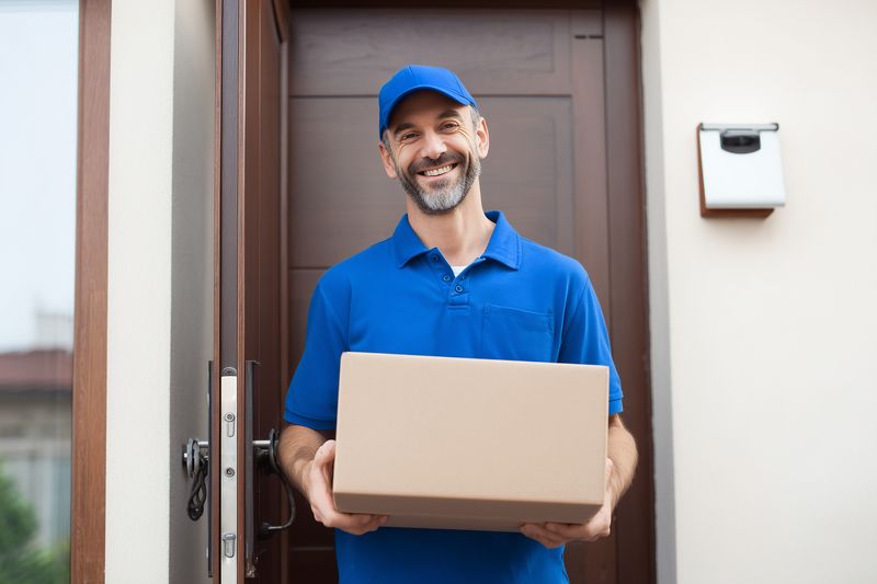 Smiling delivery courier in blue uniform stands at a residential doorway holding a cardboard package, offering friendly service and contactless home delivery with professional appearance.
