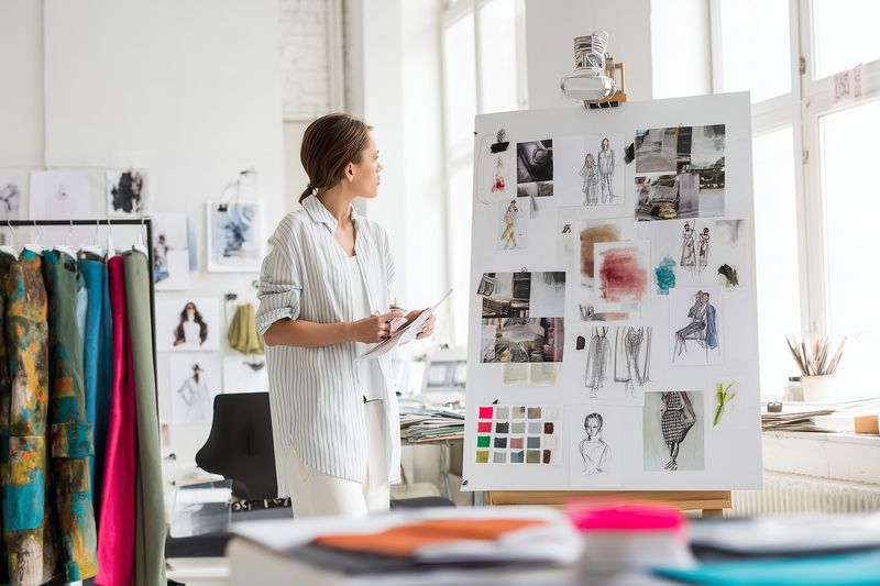 A fashion designer reviews sketches and moodboard in a bright studio surrounded by fabric samples, color swatches and clothing racks, planning new apparel designs and concepts.