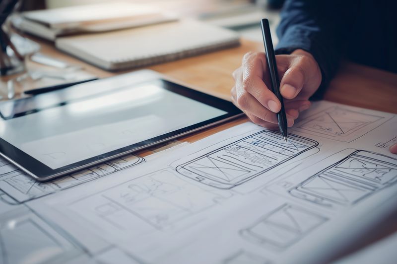 Close-up of a designer sketching mobile app wireframes on paper beside a tablet and notebooks, illustrating UX planning, layout exploration and hands-on prototype development.