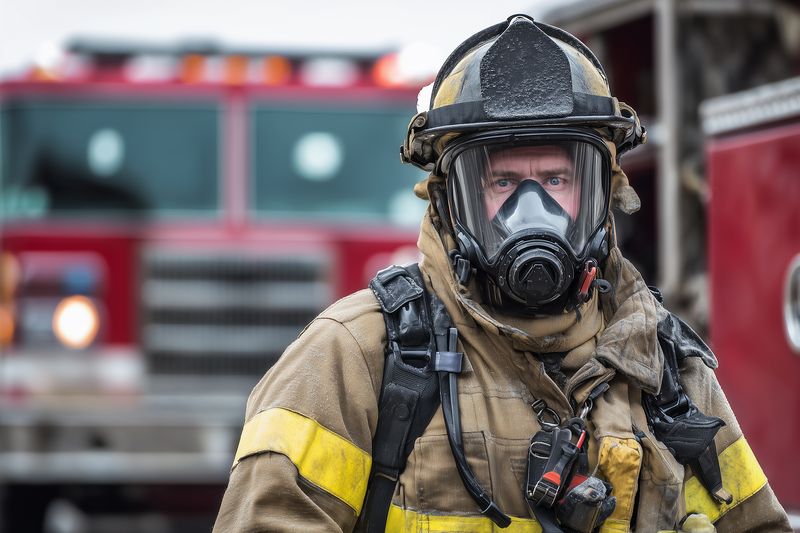 A firefighter in full turnout gear and a protective respirator stands in front of a blurred fire engine, wet and soot covered, ready for emergency response during a hazardous rescue operation.