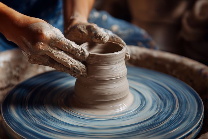 Close-up of hands shaping wet clay on a spinning pottery wheel in a studio, capturing the tactile process of molding a small vessel with skilled technique, focus and fluid motion.