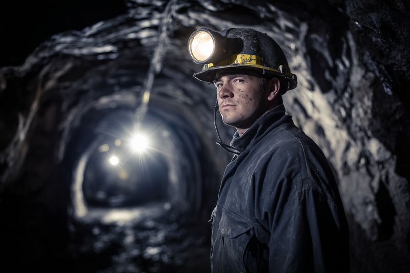Portrait of a coal miner in a dim underground tunnel wearing a helmet with a lamp, covered in dust and grime, showing determination and rugged workwear in low light.