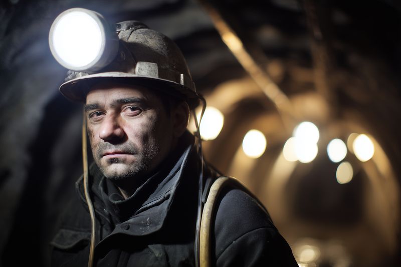 Portrait of a coal miner wearing a hard hat with headlamp in a dim underground tunnel, face covered in dust, conveying fatigue, determination and industrial work environment.