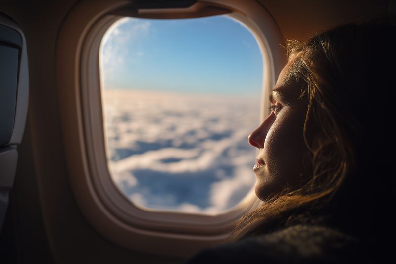 Young woman gazing out an airplane window at a golden sunset, thoughtful profile lit by warm light, soft clouds and distant blue sky visible beyond the cozy aircraft cabin window.