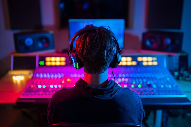 Back view of a sound engineer wearing headphones at a mixing console in a dim studio, colorful LED lights illuminating the control surface and monitors during audio production.