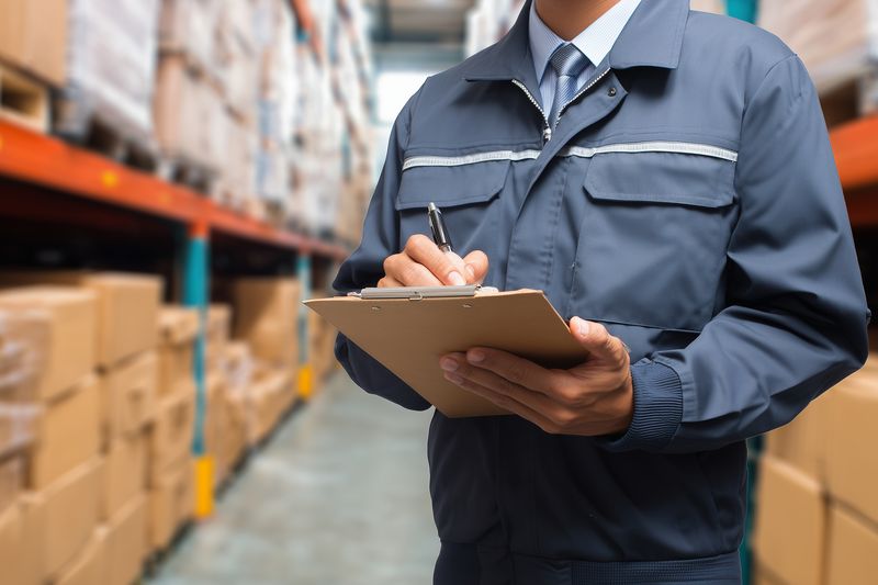 Warehouse worker in uniform holding a clipboard and pen while inspecting inventory in a busy distribution center aisle filled with stacked cardboard boxes and industrial shelving.