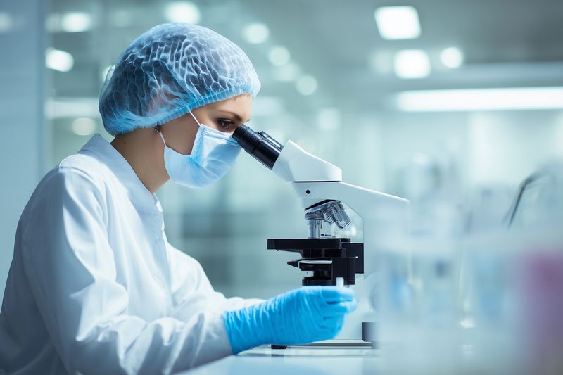 Laboratory scientist wearing protective gear examines a sample under a microscope in a clinical lab, focusing on precision analysis and sterile environment techniques.
