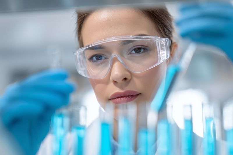 Female scientist wearing safety goggles and gloves carefully examines blue liquid in multiple test tubes in a modern laboratory, conducting precise chemistry research and analytical experiments.