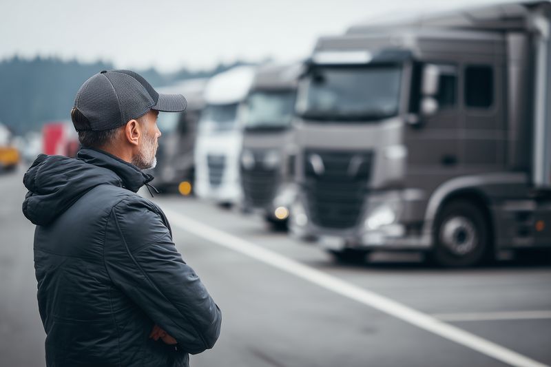 Mature man in a warm jacket and cap watches a line of parked commercial trucks at a transportation terminal, observing vehicles and logistics operations on a cold overcast day.