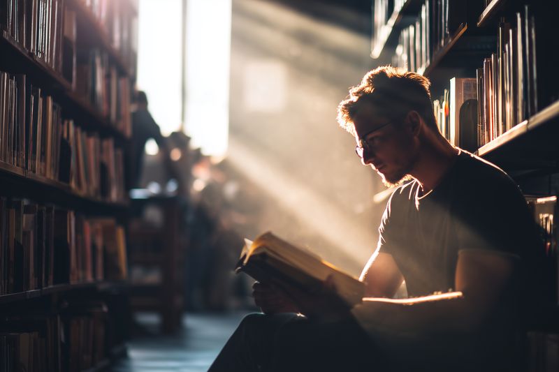 Young man reading a book in a quiet library aisle, surrounded by tall shelves, warm sunlight streaming through high windows, casting dramatic rays and deep shadows across the scene.