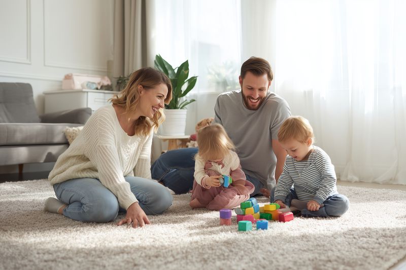 Happy family of parents and two young children playing with colorful building blocks on a cozy living room carpet, sharing joyful moments and bonding in bright natural light.