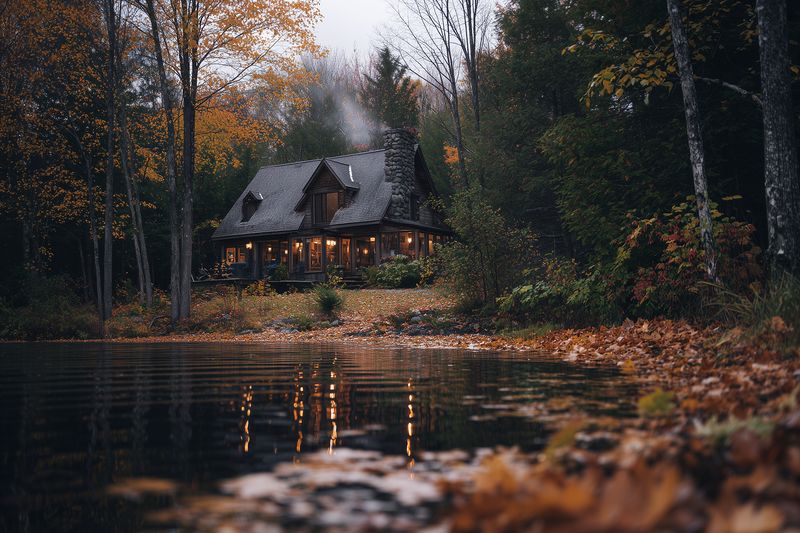 Cozy wooden cottage by a quiet forest lake at dusk, warm lights glowing through windows, chimney smoke rising while autumn leaves carpet the shore, creating a peaceful seasonal retreat.