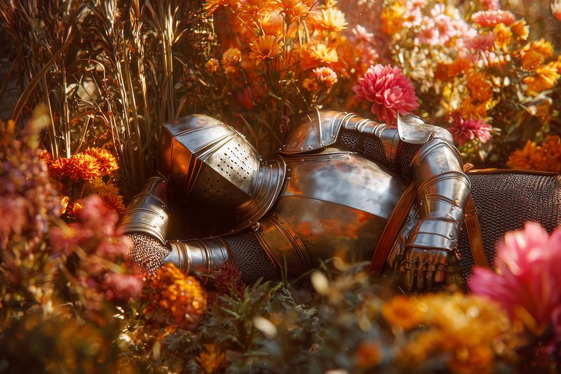A polished medieval suit of armor reclines among vibrant autumn flowers and tall grasses, bathed in warm golden light with subtle reflections, creating a serene, nostalgic pastoral scene.