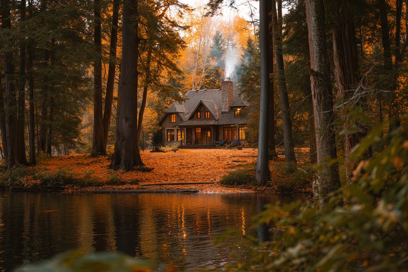 Cozy stone cottage nestled among towering trees beside a calm lake in autumn, warm window lights and smoke from the chimney creating a peaceful, golden evening atmosphere.