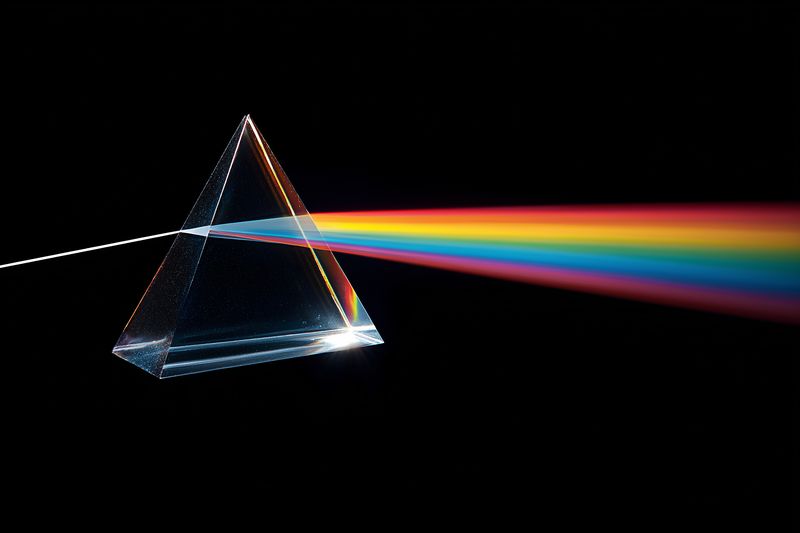 Glass prism dispersing a white light beam into a vivid rainbow spectrum against a black background, illustrating refraction, dispersion, and optical physics in a striking minimalist composition.