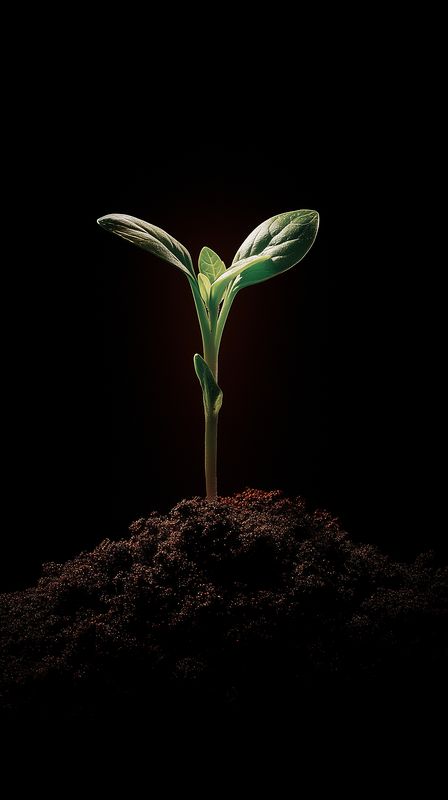 Young green seedling emerging from rich dark soil against a black background, symbolizing growth, renewal and nature. Dramatic lighting highlights fresh leaves and slender stem.