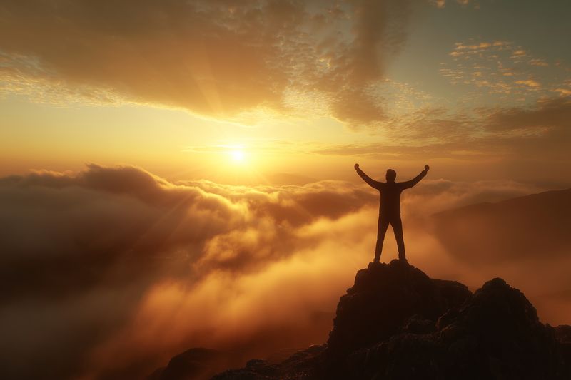 Silhouette of a person standing triumphantly on a rocky mountain peak above golden clouds at sunrise, celebrating achievement, freedom and inspiration in a dramatic atmospheric landscape.