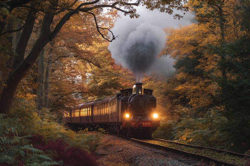 Vintage steam locomotive travels through a golden autumn forest at dusk, smoke billowing above the engine while warm headlamps illuminate the tracks and colorful misty foliage.