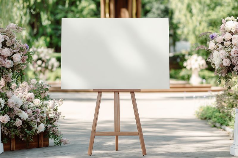 Blank canvas on a wooden easel set outdoors among lush floral arrangements and arches, creating a peaceful wedding display ready for signage, artwork, or personalized messages.