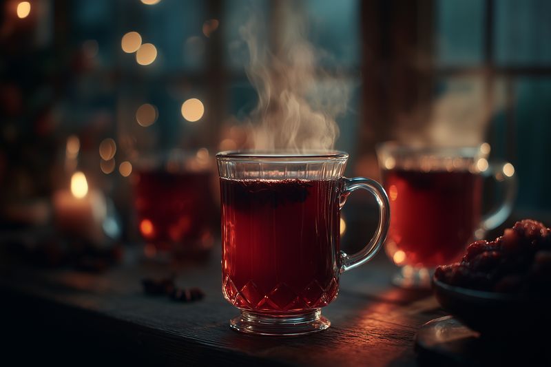 Steaming glass mug of warm spiced tea sits on a rustic wooden table, surrounded by soft candlelight and bokeh, creating a cozy intimate atmosphere perfect for cold evenings.