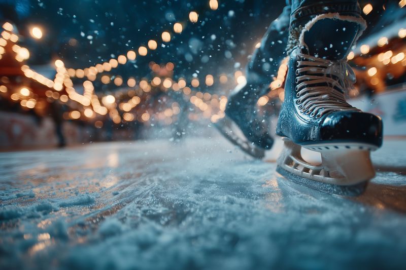 Close-up view of an ice skate blade gliding across a snowy outdoor rink at night, with warm string lights bokeh in the background, capturing motion, texture and winter ambiance.