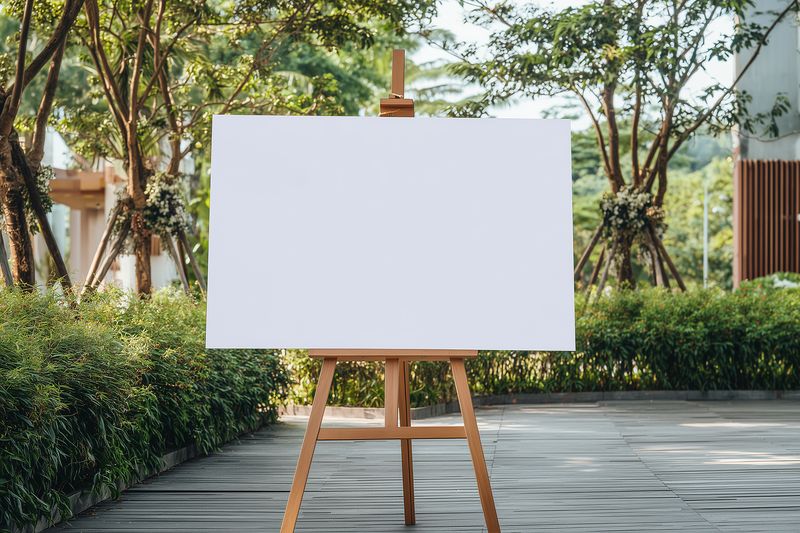 Blank white canvas on a wooden easel positioned on a paved garden path, set against lush trees and shrubs. Bright natural daylight highlights the calm outdoor art display.