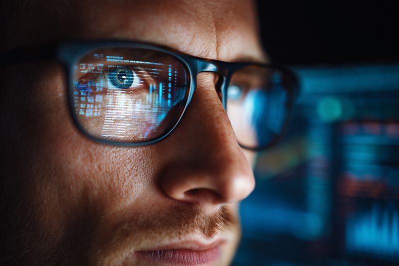 Close-up of a focused man wearing glasses reflecting digital code and graphs on a dark screen, symbolizing cybersecurity, programming, data analysis and concentrated tech work at night.