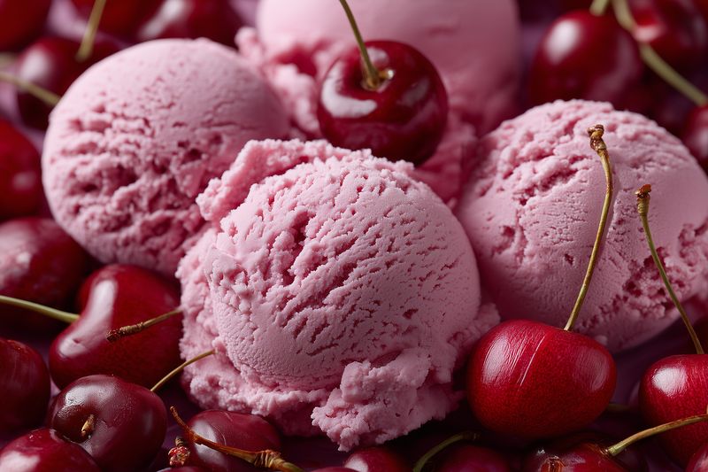 Close-up of three pink cherry ice cream scoops nestled among fresh ripe cherries, showcasing creamy texture, juicy fruit, and vivid red tones in an appetizing dessert composition.