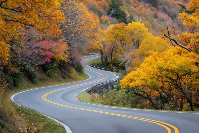 Scenic winding road curves through vibrant autumn forest, lined with golden and red foliage, creating a peaceful rural landscape with textured trees and a meandering asphalt path.