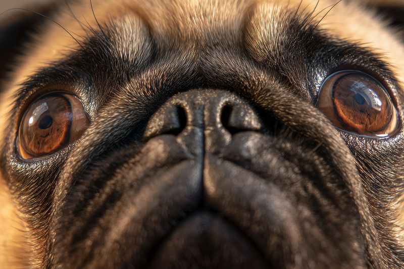 Close-up macro portrait of a pug dog muzzle and expressive brown eyes, detailed texture of fur and skin, highlighting whiskers, nose and curious facial expression in sharp focus.
