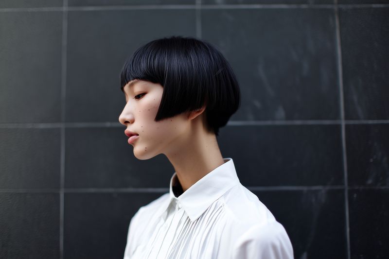 Minimal profile portrait of a young model with a sleek black bob and white shirt against a dark tiled wall, highlighting clean lines, smooth skin and contemporary fashion styling.