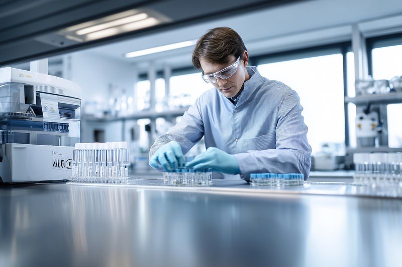 Laboratory researcher in safety goggles and gloves carefully handles petri dishes and samples using laboratory tools in a clean modern research lab with bright clinical lighting.