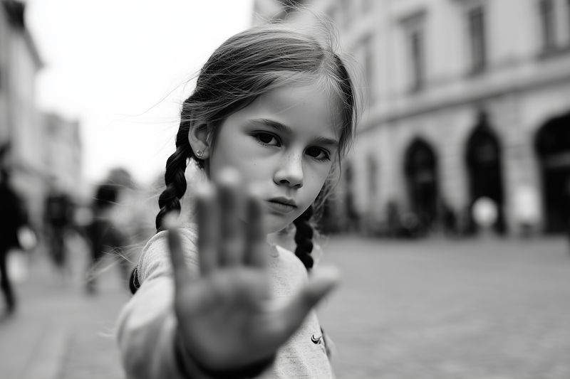 Black and white portrait of a young girl with braided hair holding her hand up toward the camera on a city street, conveying a strong stop gesture and a serious, determined look.