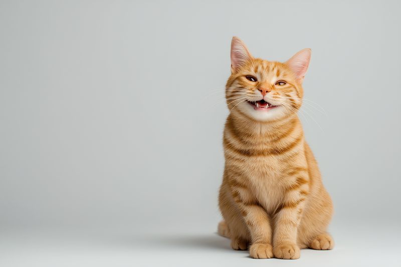 Ginger tabby cat sitting on a neutral gray background, smiling with open mouth and bright eyes, conveying playful charm and relaxed confidence in a clean studio portrait.