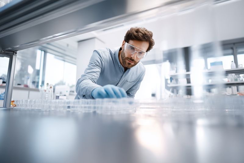 Scientist in protective goggles and gloves examines laboratory equipment on a stainless shelf, focused on research tasks in a bright modern lab environment with organized instruments.