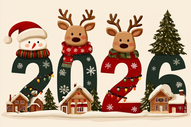 Festive 2026 holiday illustration featuring large decorated numerals forming the year with Santa hat, reindeer faces, snowy cottages, evergreen trees, glowing string lights and cozy atmosphere.