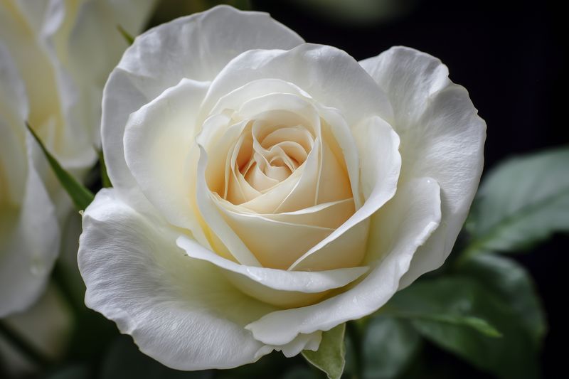Close-up of a delicate white rose blossom with soft layered petals and a subtle cream center, captured with sharp detail and gentle lighting to highlight floral texture and romantic mood.