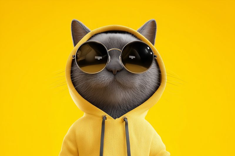 Stylish gray cat wearing a yellow hoodie and round sunglasses against a bright yellow background, modern portrait with playful attitude and fashionable urban vibe, studio lighting and sharp detail