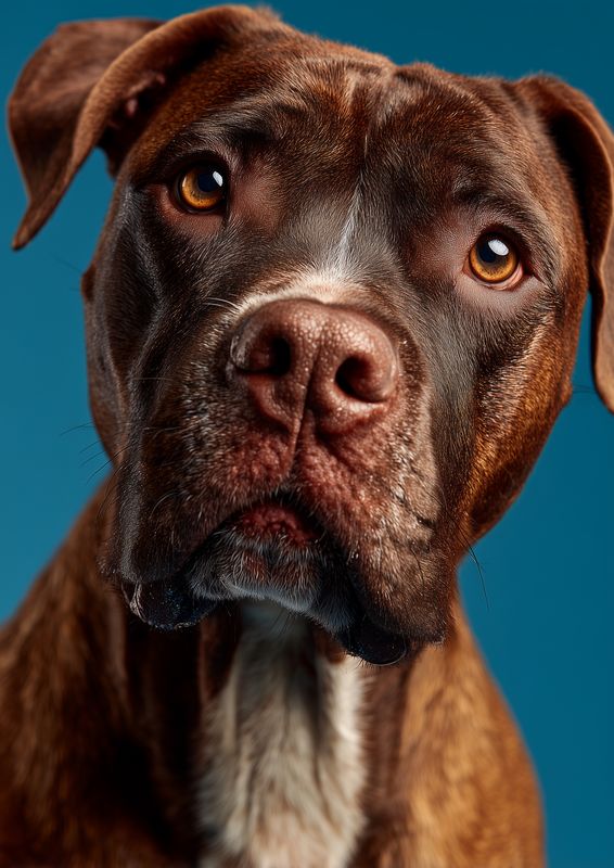 Close-up studio portrait of a brown dog with expressive amber eyes and a glossy coat, capturing the detailed texture of fur and a soulful gaze against a blue background.