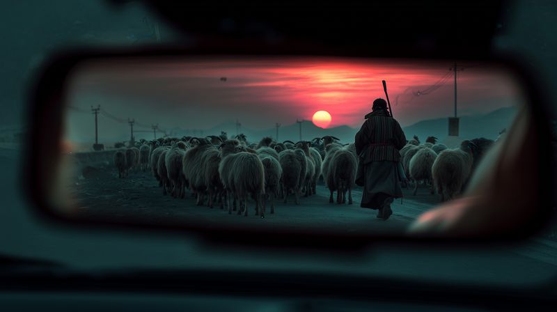 Rearview mirror framing a shepherd guiding a flock of sheep along a dusty road at sunset, warm sky and silhouettes creating a cinematic rural scene of tradition and motion.