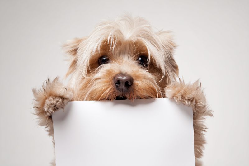 Cute small dog peeking over a blank white sign, holding it with paws and staring at the camera. Studio portrait with neutral background, ideal for pet and advertising concepts.