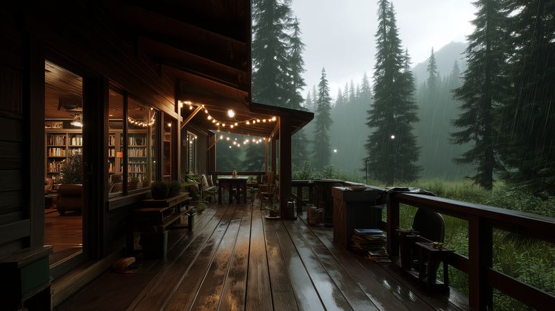 Rain drenches a wooden cabin porch at dusk, string lights glowing warmly as the interior library spills light onto the wet deck overlooking misty pine forest and distant hills.