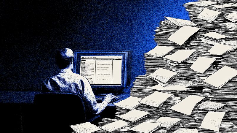 A lone person sits at a glowing computer monitor facing a towering pile of papers, conveying overwhelm and information overload in a stylized blue monochrome composition of work and paperwork.