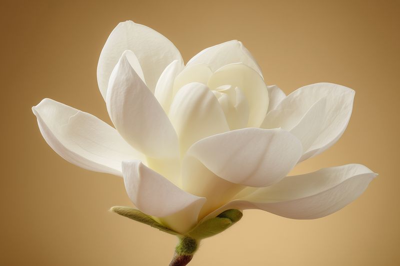 Close-up studio portrait of a delicate white magnolia blossom with soft silky petals and subtle texture, isolated against a warm beige background, highlighting natural elegance.