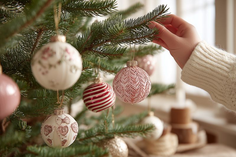 A cozy scene of a person decorating a natural fir tree with elegant pink and white glass baubles indoors, soft natural light creating warm festive atmosphere and delicate details.